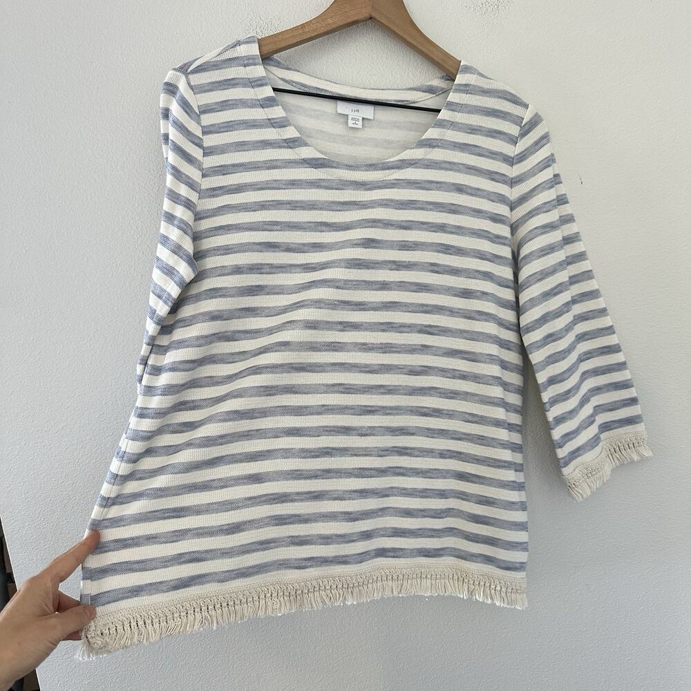 J. Jill Tunic Shirt S White Blue Lagenlook Fringe Hem Stripe Coastal 100% Cotton - Picture 5 of 11